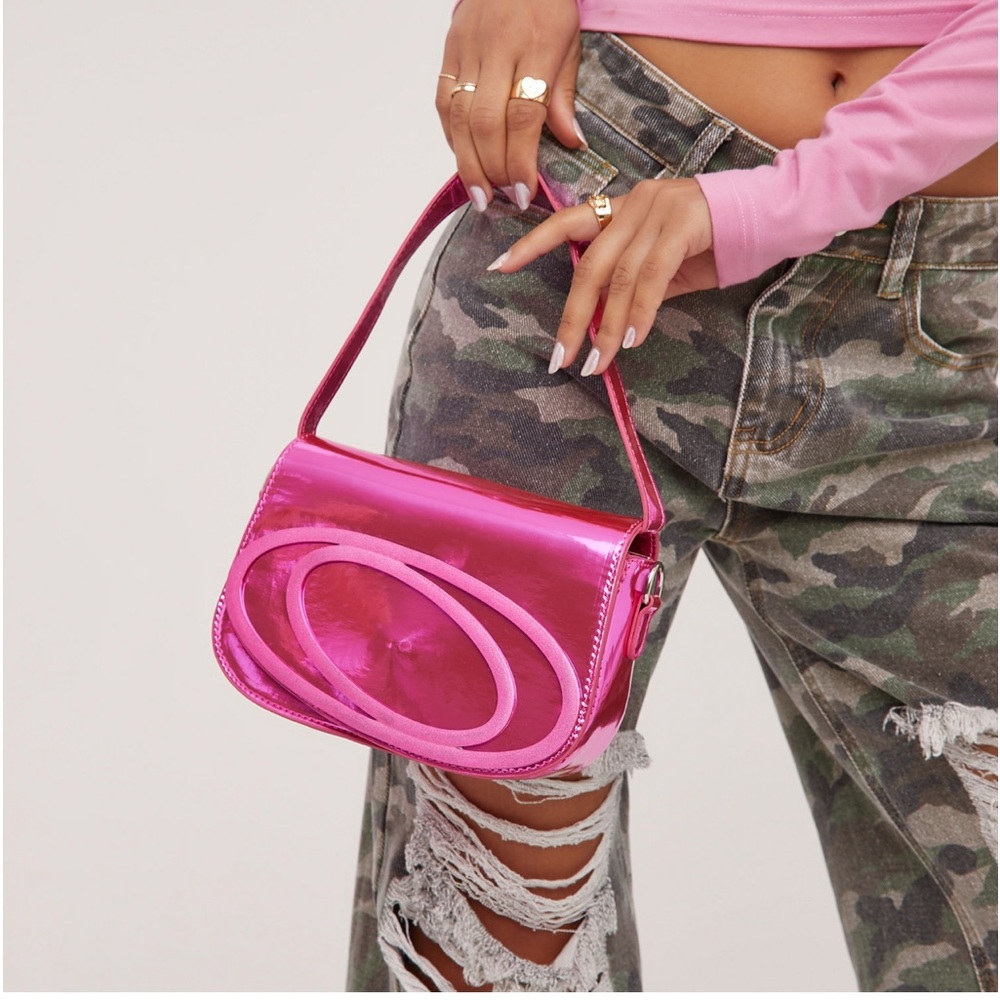 EGO • Jumping Diamante Detail Shaped Shoulder Bag Metallic Pink Purse - Picture 3 of 6